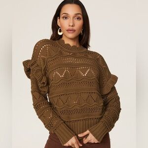 Joie Olive Brown Open-Knit Ruffle Crewneck Sweater